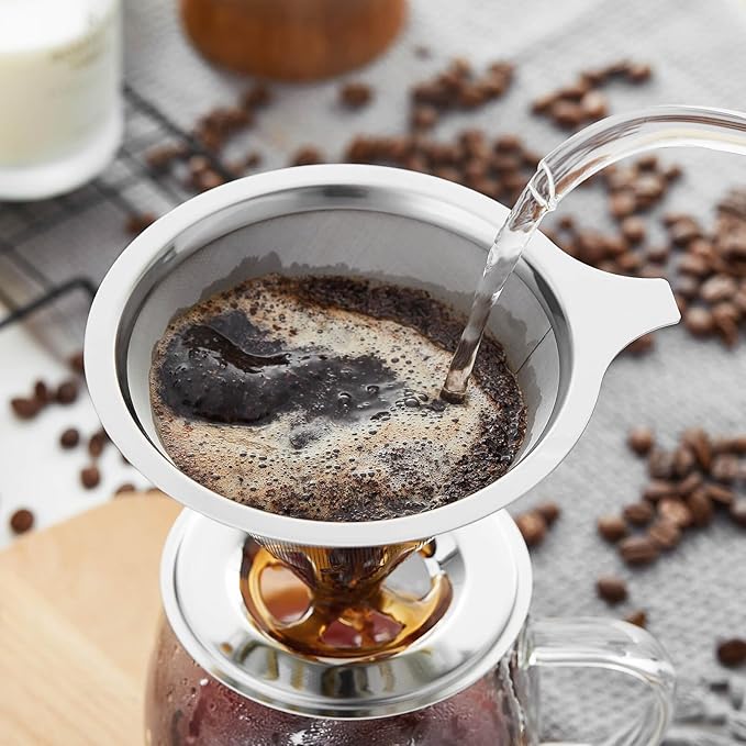 Pour Over Coffee Dripper, Fine Mesh Double Layer Stainless Steel Coffee Filter, Metal Cone Pour Over Coffee Filter Single Cup Coffee Maker 1-2 Cup