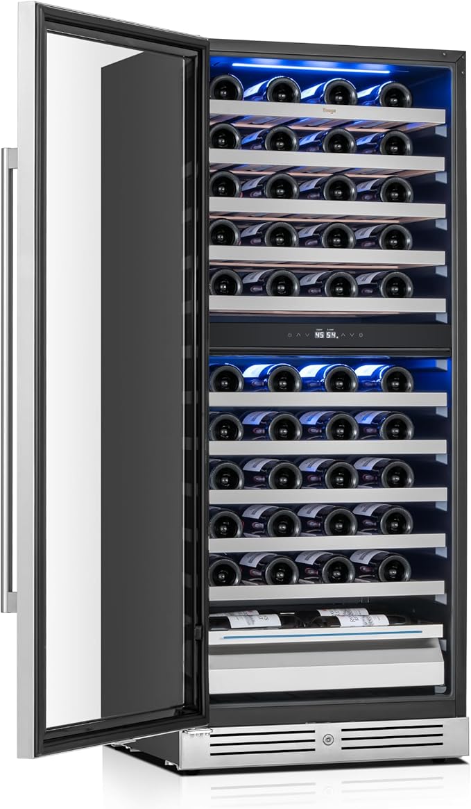 Yeego Wine Fridge – 24 Inch Dual Zone Wine Cooler Refrigerator 40°F-65°F, 304 Stainless Steel Glass Door Lock, Temp Memory Blue & White LED Built-in Fridge Left-hand Opening with Drawer (89 Bottle)