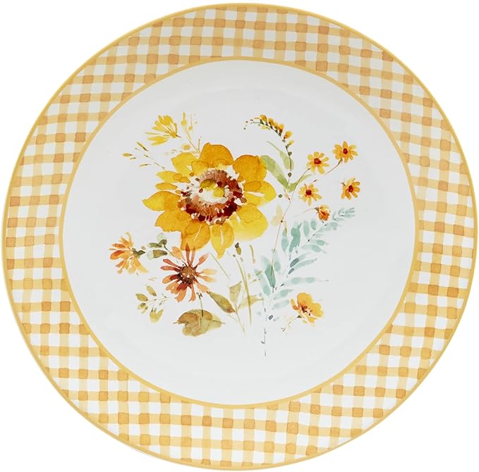 Unknown1 11" Dinnerware Plates Set of 4 X Multi Color White Yellow Floral Casual Farmhouse Round Ceramic Piece
