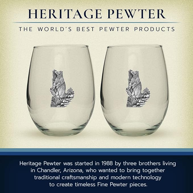 Heritage Pewter Black Bear Stemless Glass Goblets β Set of 2 | 15 OZ Goblet Wine Glasses | Expertly Crafted Pewter Glass