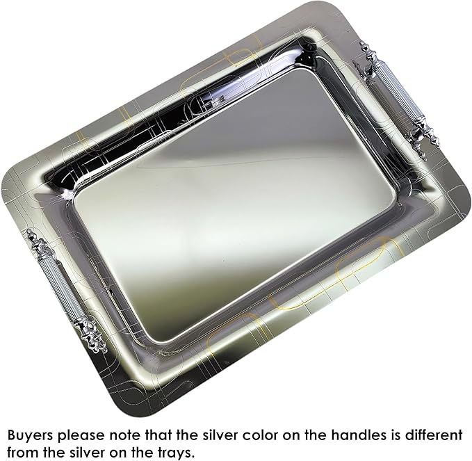 (Pack of 2) 18.5 inch x 13 inch Oval Chrome Plated Silver Serving Tray Stylish Design Iron Gold Floral Engraved Edge in Party Decor Birthday Gift Platter Plate NC-114