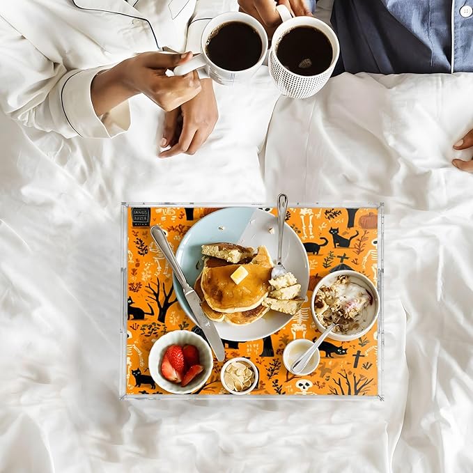 Serving Tray with Handles Clear Acrylic Tray 12x16 Inch Decorative Rectangular Tray Organizer for Ottoman Coffee Table Bathroom Orange Skeletons Cat Bats Tombstones Dead Trees