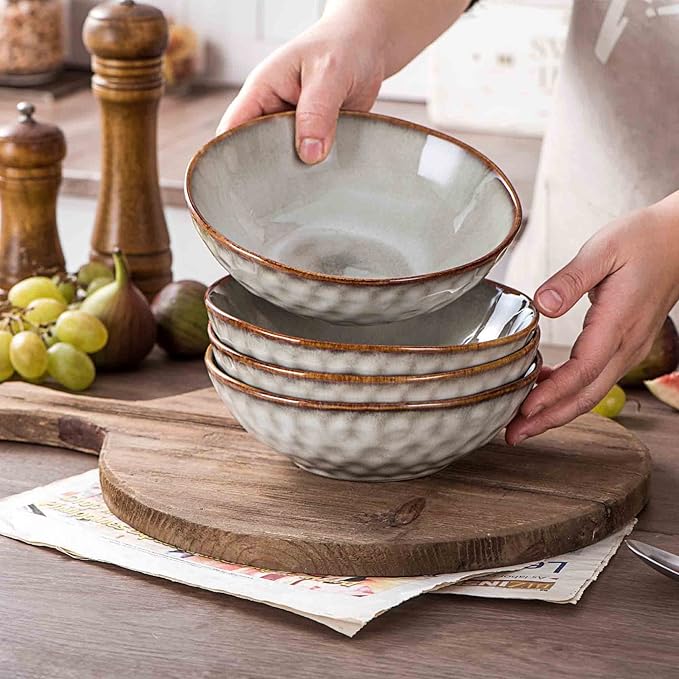 Henten Home Ceramic Soup Bowl Set, 25 oz Cereal Bowls Set of 4, Porcelain Salad Bowls Set, Stoneware Serving Bowls for Kitchen, Microwave& Dishwasher Safe, Reactive Glaze (White)