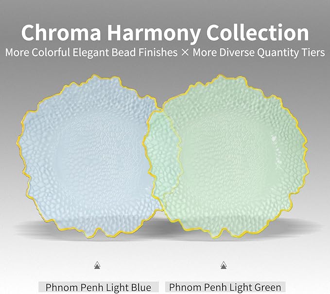 100 Pcs Clear Charger Plates 13 Inch Hammered Green Plastic Charger Plates with Gold Rim, Transparent Green Chargers for Dinner Plate, Stone Texture Plate Round Chargers for Wedding Party, Event