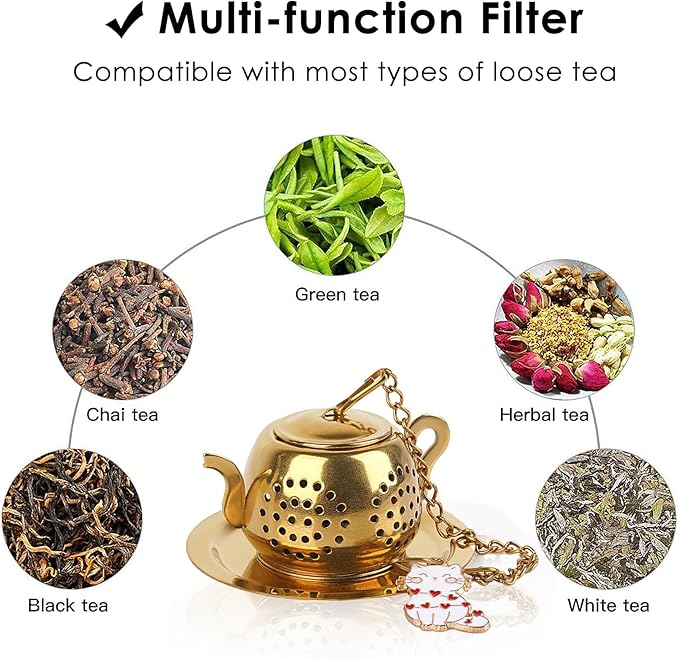 Set of 2 Loose Leaf Tea Infuser Ball, Stainless Steel Tea Brewer Filter with Cat Accessories, Tea Strainer with Chain and Drip Trays (Gold)