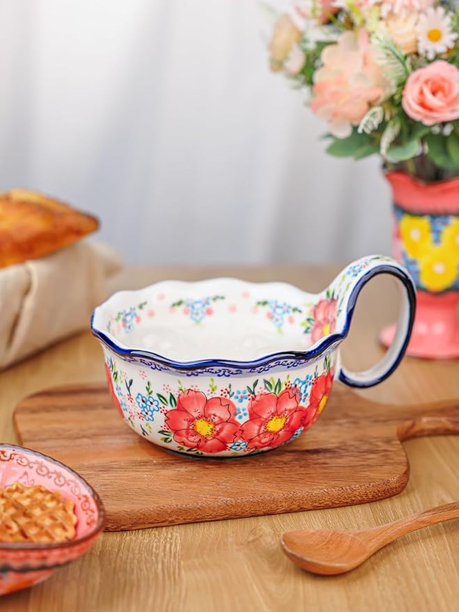 silesia Handmade Ceramic Soup Bowl, 30 oz Hand Painted Bowl with Loop Handle, Floral Design Cereal Bowl for Soup, Ice cream, Snack, Microwave & Dishwasher Safe (Flowers Pink)
