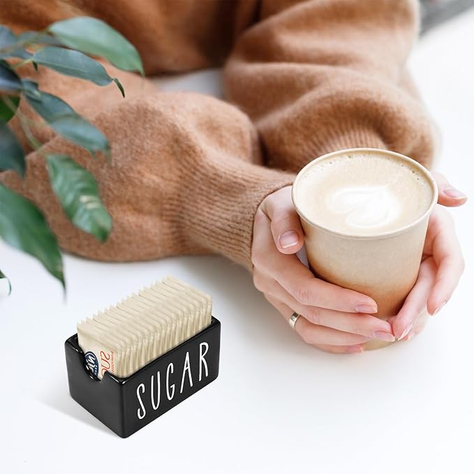 Ceramic Sugar Packet Holder for Coffee Bar, Caddy, Container, Dispenser, Organizer for Table, Office, Hotel, Restaurant (Black)