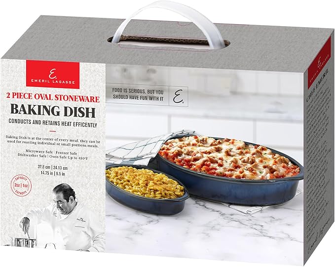 Emeril Lagasse 2-Piece Oval Stoneware Baking Dish Set - Versatile 1 & 2 Qt, for Baking, Perfect Casseroles, Roasts, Cake, Lasagna Pan, Microwave, Oven, Dishwasher, and Freezer Safe, S-803-2S-AZ