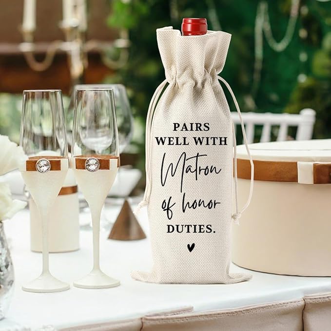 Matron of Honor Gifts, Engagement Wine Bag, Maid of Honor Proposal, Wedding Wine Bag, Bridal Shower Gift, Burlap Bottle Bags With Drawstring for Bridesmaid Wedding Dinner Bachelorette Party