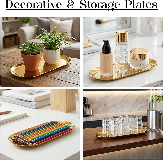 10 PCS Stainless Steel Gold Trays Serving Platters Set Bathroom Vanity Tray Decorative Jewelry Dish Small Metal Organizer Oval Storage for Perfume Trinket Buffet Snack Key