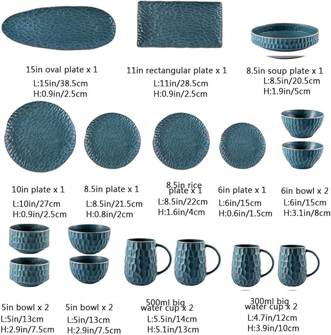 Ceramic Dinnerware Set, 17 Pcs Matte Blue Porcelain Dinner Set, Porcelain Bowls and Plates Sets Nordic Style, Tableware Combination Set, Cereal Bowl/Soup Plate/Mug Set Service for 4