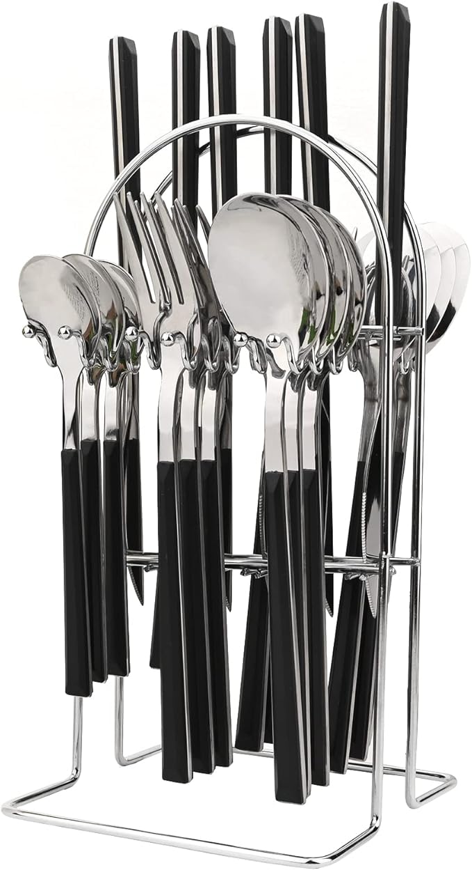 Silverware Set, 24 Piece Mirror Flatware Set With Stand, Stainless Steel Utensils With Black Handle, A Complete Cutlery Set For Most Families, Service For 6