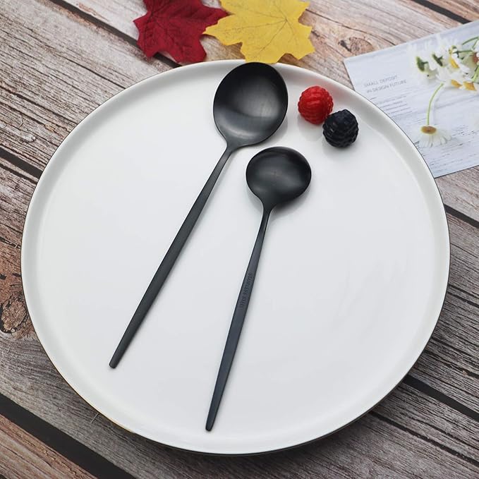 Black Silverware Set JASHII 40 Pieces Flatware Set 304 Stainless Steel Flat Cutlery Set for 8 Matte Kitchen Forks Knife Spoons Set, Satin Finish Tableware Set for Home and Restaurant, Dishwasher Safe