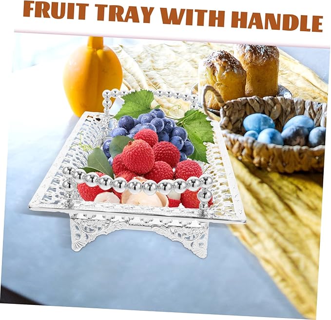Unomor Nordic Style Metal Fruit Serving Tray with Handle 270# Silver Decorative Snack Plate for Parties and Entertaining Appetizer Storage Holder