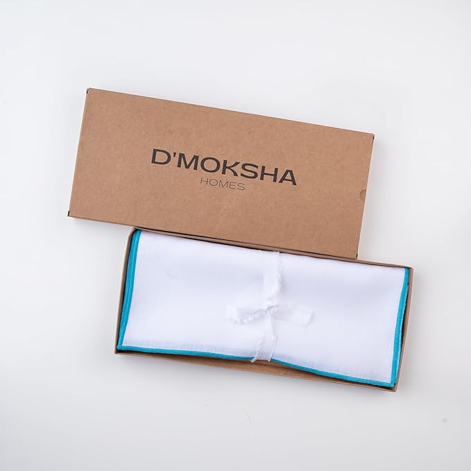 D'Moksha Homes White Linen Placemats with Blue Embroidered Trim, Set of 4-14 x 19 Inch, 100% Pure Linen Cloth Placemats White & Blue for Dining, Christmas, Holiday, New Year - Machine Washable