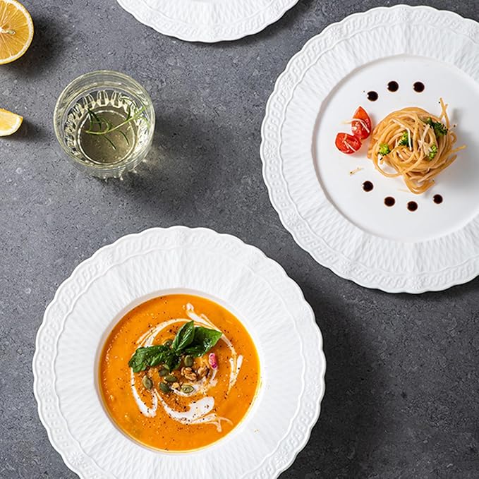 White Appetizer Plates, Sturdy Round Ceramic Flat Dish, Modern Decorative Dinnerware for Wedding Birthday Party, Microwave Dishwasher Safe(Size:25.2 * 25.2 * 0.8CM)