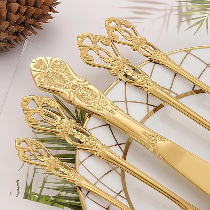 Gold Silverware Set for 2, MIKIWAY 10 Pieces Stainless Steel Flatware Set, Cutlery Tableware Set, Kitchen Utensils Set Include Spoons And Forks Set, Mirror Polished, Dishwasher Safe
