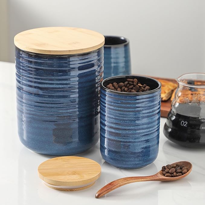 HASENSE Ceramic Food Storage Jars with Bamboo Lids – 80oz + 24oz Kitchen Canister Set – 7.5" & 5.9" Airtight Containers for Coffee, Tea, Sugar, Flour – Pantry Organization Jar Set of 2(Blue)