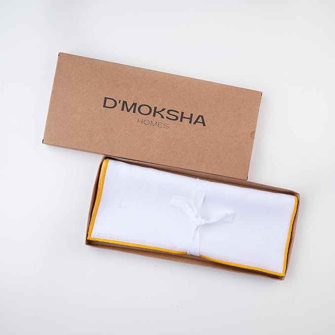 D'Moksha Homes White Linen Placemats with Yellow Embroidered Trim, Set of 4-14 x 19 Inch, 100% Pure Linen Cloth Placemats White & Yellow for Dining, Christmas, Holiday, New Year - Machine Washable