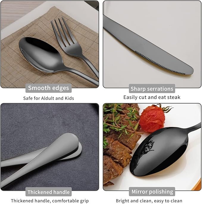 Kyraton Black Silverware Set 45 Pieces Service for 8, Titanium Black Plating Flatware Sets Cutlery Set, Spoons and Forks Silverware Dishwasher Safe, First Apartment Must Haves Utensils Set