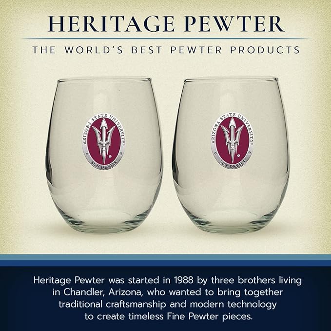 Heritage Pewter Arizona State ASU Sun Devils Stemless Glass Goblets β Set of 2 | 15 OZ Goblet Wine Glasses | Expertly Crafted Pewter Glass