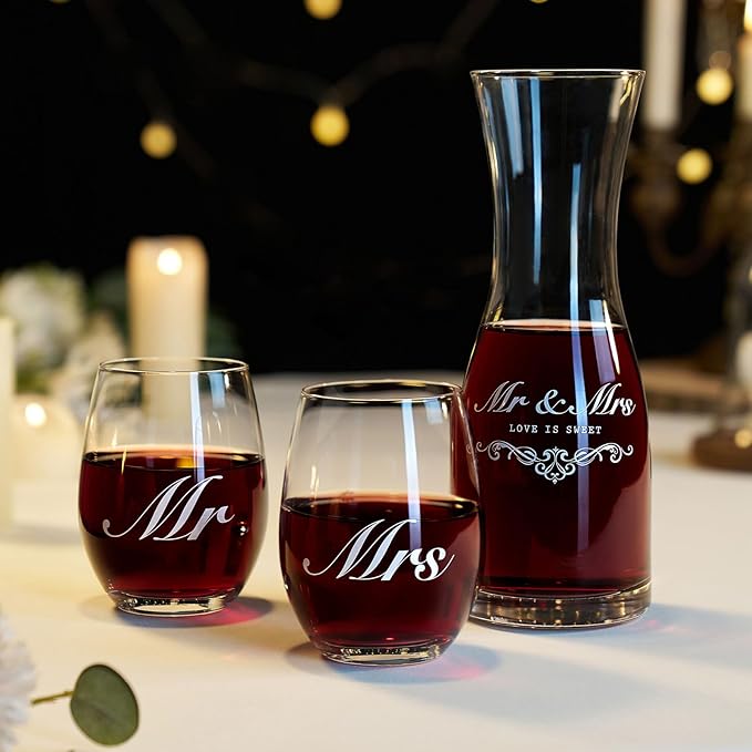 AW BRIDAL Engagement Gifts for Couples 2025, Mr and Mrs Wine Glasses with Decanter Set for Anniversary Christmas, Wedding Gift for Newly Engaged Couple, Bridal Shower Gift for Bride to Be