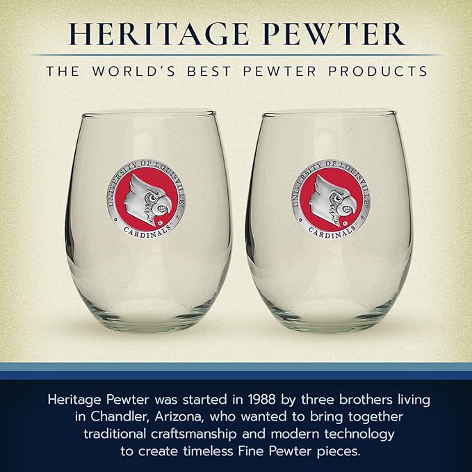 Heritage Pewter Louisville Cardinals Stemless Glass Goblets β Set of 2 | 15 OZ Goblet Wine Glasses | Expertly Crafted Pewter Glass