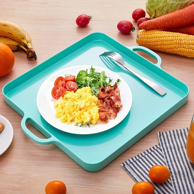 i BKGOO Foodservice Lake Blue Plastic Tray with Handle Set of 2 Large Melamine Cube Serving Platters for Parties, Table, Kitchen Size(12.5"x12.5"x1")