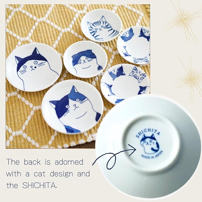 Japanese Cat Design Ceramic Small Plates - Set of 4 - Great for Sushi, Dips, & Desserts, Cat Quintet