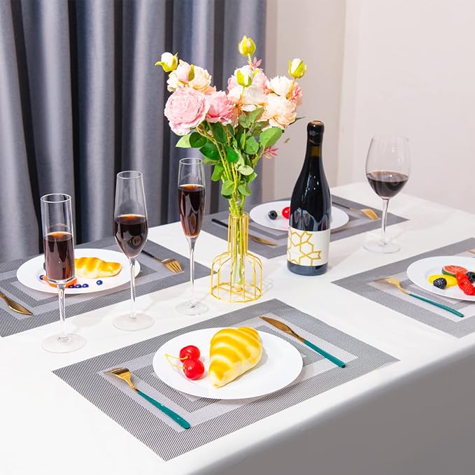 Placemats,PlasticVinyl Washable Heat-Resistant Durable PVC Non-Slip Woven for Kitchen Dining Table Mats (Set of 6, Grey)