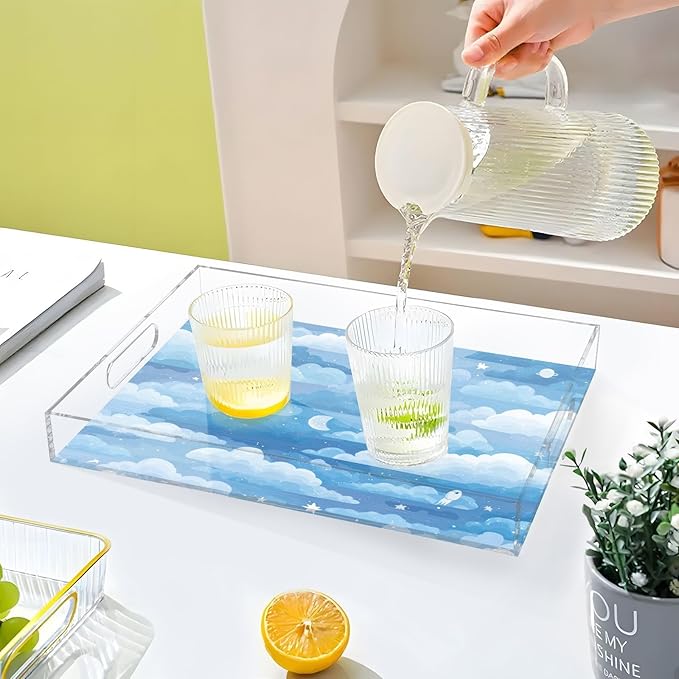 Serving Tray with Handles Clear Acrylic Tray 12x16 Inch Decorative Rectangular Tray Organizer for Ottoman Coffee Table Bathroom Blue Gradient Cloud and Stars