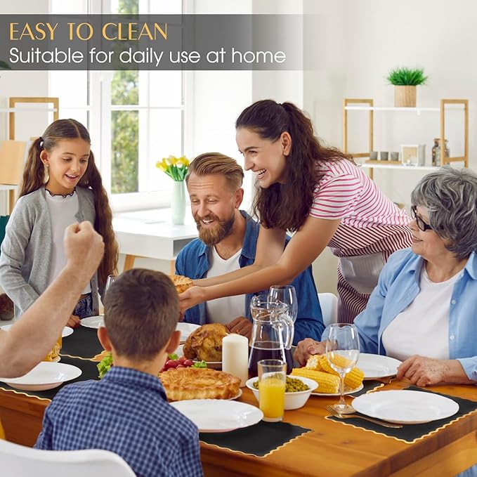 150 Pcs Disposable Paper Placemats Bulk 10"x14" Rectangle Place Mats with Scalloped Edges Dining Table Mat for Wedding Birthday Easter Party Table Decoration(Black)