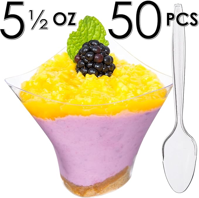 DLux 50 x 5 oz Mini Dessert Cups with Spoons, Large Swirl - Clear Parfait Appetizer Cup - Small Reusable Serving Bowl for Tasting Party Desserts Appetizers - With Recipe Ebook