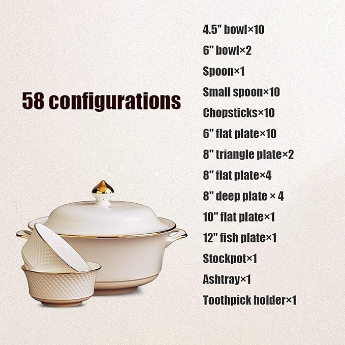 ERoomQ Dinnerware Set Dinner Party Tableware Service Set High-End Dinner Set, Ceramics Dinner Set, 58 Pieces Relief Bone China Dinnerware Sets | Porcelain Steak Plate and