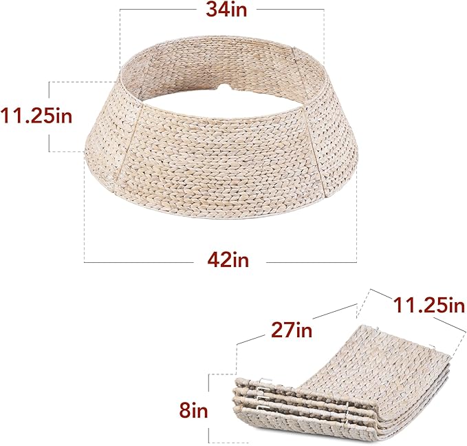 Best Choice Products 42in Christmas Tree Collar, Woven Hyacinth 4-Piece Holiday Rattan Tree Skirt Accessory for Home w/Cord Cut-Out - Transparent White