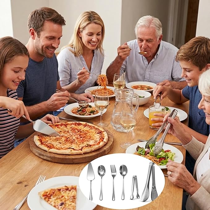 12 PCS Serving Utensils Set for Party Premium Stainless Steel Serving Utensils Large Servings Spoons, Forks, Tongs, Pie Server, for Buffet, Catering, Entertaining, Silver
