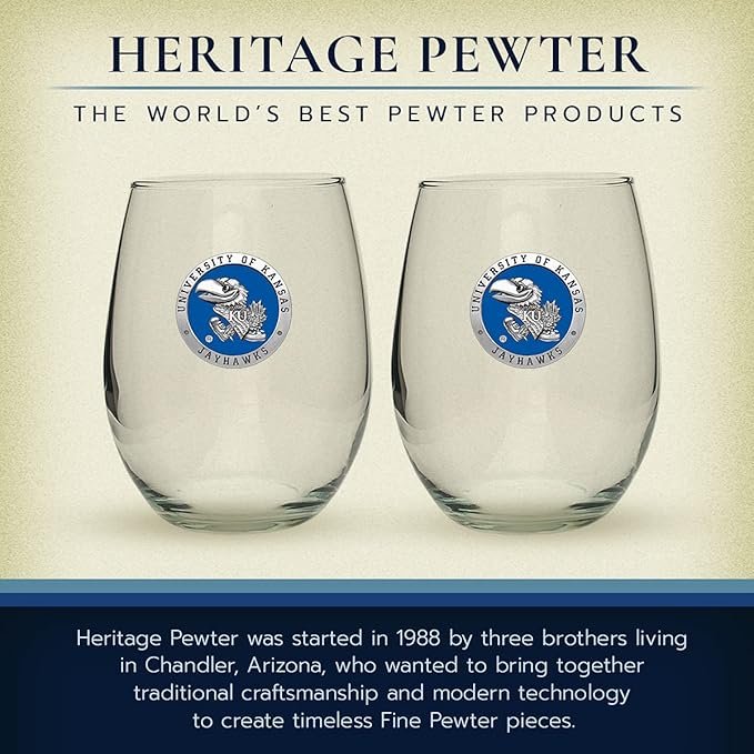 Heritage Pewter Kansas Stemless Glass Goblets β Set of 2 | 15 OZ Goblet Wine Glasses | Expertly Crafted Pewter Glass
