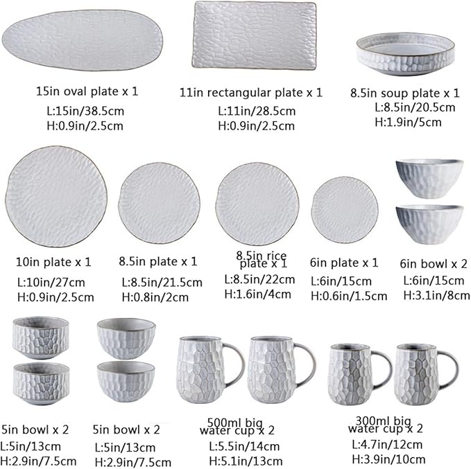 Round Dinnerware Sets | White Kitchen Plates, Bowls, and Mugs | 17 Piece Stoneware Tableware Nordic Style| Dishwasher Microwave Safe | Service for 4
