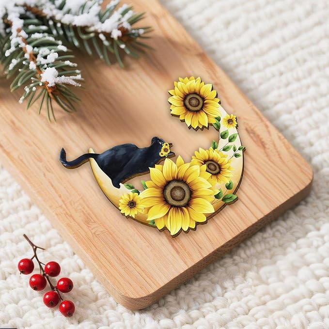 34HD Black Cat Christmas Ornament 2025 – Wooden Hanging Xmas Tree Ornament Decoration, Cute Christmas Keepsake Gifts and Home Decor with Sunflower Design for Cat Lovers and Garden Fans