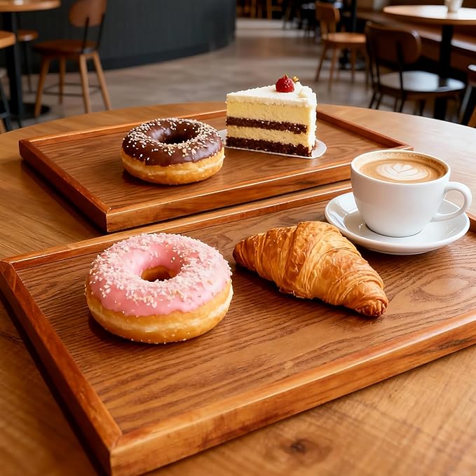 SINJEUN 4 PCS Solid Acacia Wood Serving Trays, 15.7" x 11.8" Rectangular Wooden Platters, Large Wood Platter for Food Vegetable Fruit Charcuterie Appetizer Dessert Cookie Coffee, Brown