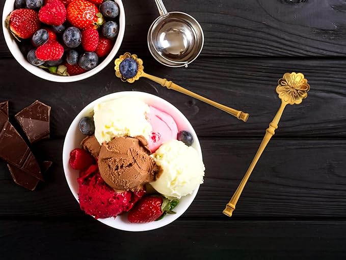 10 Pcs Flower Spoon Coffee Teaspoon Set, Stainless Steel Tableware Creative Dessert Spoons Sugar Coffee Teaspoon Ice-Cream Mixing Stir Bar Ice Tea Spoon (Gold)