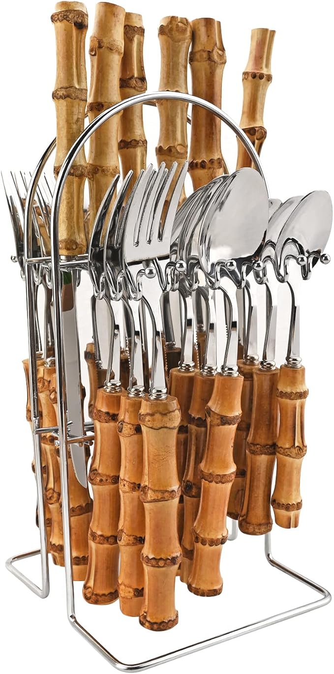 25-PIECE Stianless Steel Tableware Set, Natural Bamboo Silverware Set With Rack, Nice Weight Cutlery Stand Hanging Storage,Service For 6, Mirror Silver