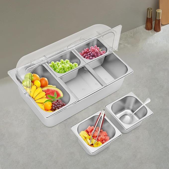 5 Pans Countertop Food Serving Display Container, Stainless Steel Flip-Top Fruit Tray with Clear Roll Top Cover, Buffet Chilled Condiment Container for Restaurant Hotel Kitchen