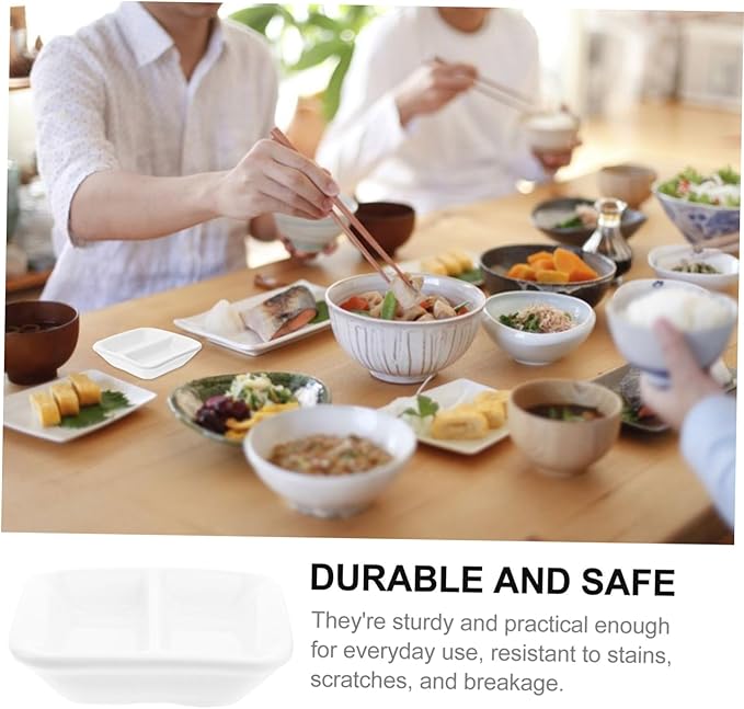 2 Pcs Pure White Ceramic Snack Serving Tray Divided Sauce Dishes with Compartments for Spice Dish Condiments and Dips Versatile Appetizer Plates