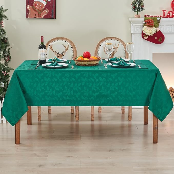 Rectangle Christmas Jacquard Table Cloth Waterproof Elegant Damask Floral Pattern Heavy Weight Wipeable Wrinkle Free Fabric Table Covers for Dinner or Daily Uses(Dark Green/60x104Inch)