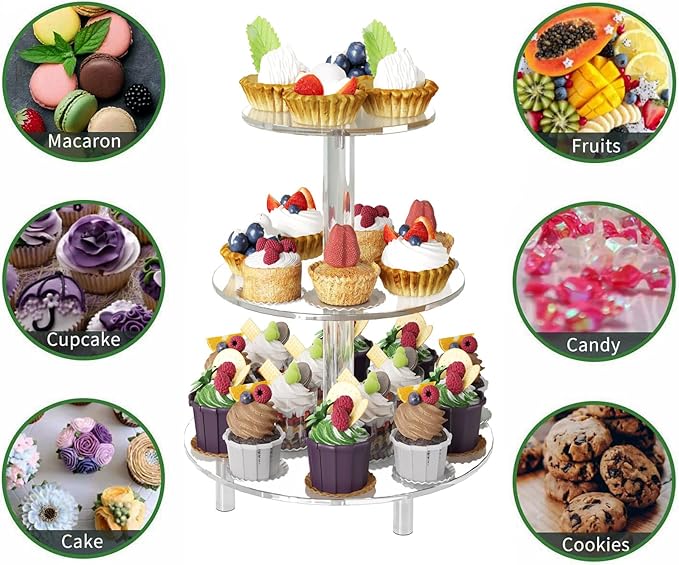 Acrylic Cupcake Stand, 3 Tier Round, Clear Dessert Tower Holder Display with Base for Baby Shower, Birthday Party,Wedding,Christmas,Reception (Clear)