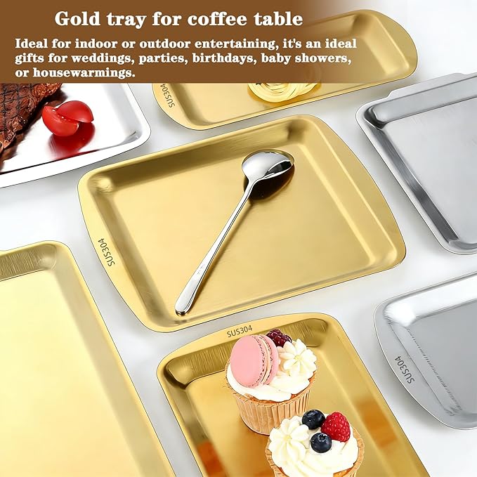 Gold Serving Platters for Coffee Table, 304 Stainless Steel Rectangle Plates, Sizzle Tray for Camping,BBQ,Party,Buffet,Appetizer,Bathroom Supplies, 9.2x8.3Inch