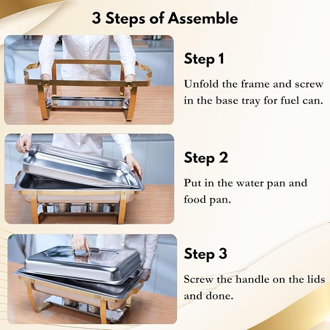 Gold Chafing Dishes for Buffet Set of 6, 9.5QT Chafing Dish Buffet Set, Chafers and Buffet Warmers Set, Stainless Steel Food Warmers for Parties Buffet, Party Food Warmer Buffet Set with Tongs