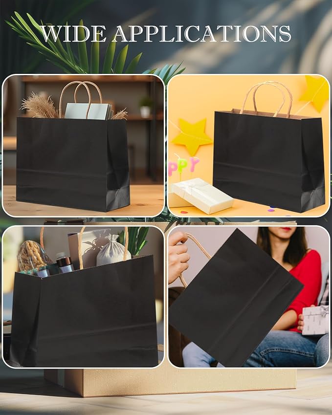 qiqee 30-Packs Black Gift Bags with Handles Bulk 13"x4.5"x10" Wide Large Size Kraft Party Paper Bags