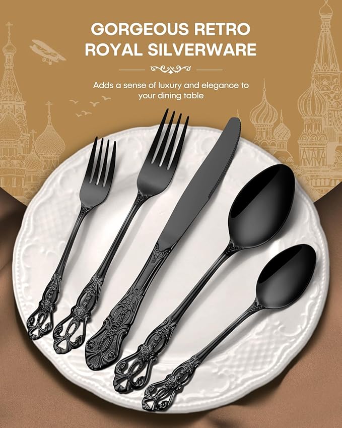 Stapava 20 Pcs Black Silverware Set, Gorgeous Retro Royal Silverware Set for 4, Stainless Steel Mirror Flatware Cutlery Set, Include Forks Spoons and Knives Set, Dishwasher Safe Utensils